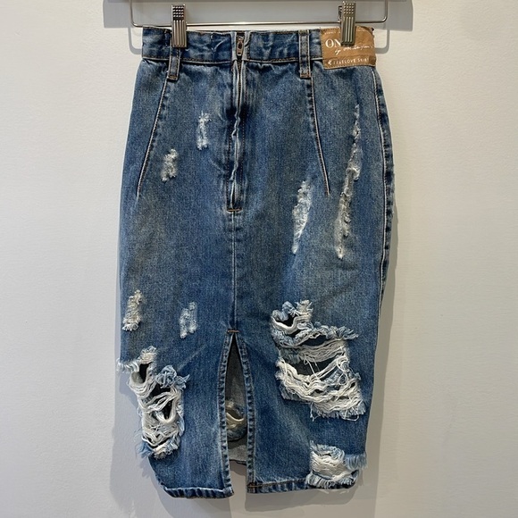 One Teaspoon Freelove Vintage Blue distressed ripped Denim Pencil Skirt 22 - Picture 2 of 8
